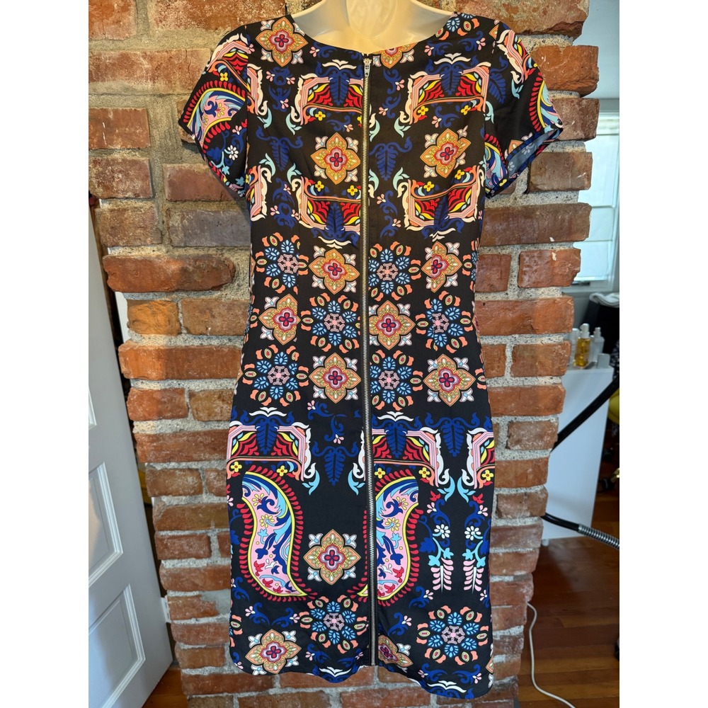 Yumi Kim Womens XS Black Multi Color Paisley Floral Dress Back Zip Short Slv - Picture 2 of 4